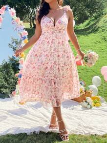 SHEIN Clasi Plus Size Women's Romantic Ditsy Floral V-Neck Waist Cinched Dress, French Style Elegant, For Spring - Pink - View 4