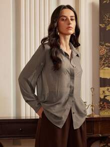 Anewsta Elaire Old Money 风格重磅热销钻石宽松显瘦略透灰色女式衬衫 Old Money - 灰色 - 查看 4