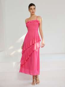 Aveloria Rosie Romantic, Elegant Vacation Style Ruffle Trim Sexy Spaghetti Strap Cinched Waist Multi-Tiered Dress For Women   Old Money Style For Summer