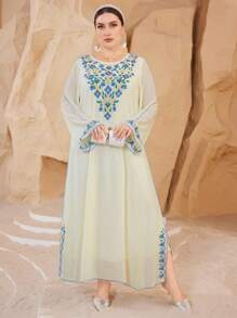 Al Najma Plus Size Embroidered Arabic Long Sleeve Round Neck Long Kaftan Dress,Modest - Apricot - View 7