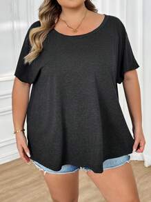 SHEIN CURVE+ 休闲简约纯色大码女式 T 恤，适合春夏季穿着 - 黑色 - 查看 7