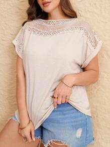 Elaquor Plus Size Women Summer Casual Romantic Lace Patchwork Solid Color T-Shirt - Khaki - View 1
