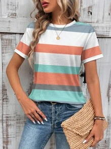 EMERY ROSE Casual Simple Striped Pattern Loose Round Neck Short Sleeve Plus Size T-Shirt Suitable For Summer,Concert Women Country Spring For Women Summer For Women Boho Women Summer T Shirts Women Top - Multicolor - View 3