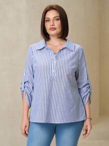SHEIN Clasi Plus Size Women's Rolled Sleeves Casual Elegant Striped Workplace Shirt, Women's Tops, Elegant Camisole, Women's Shirts, Black Shirts, Ladies Summer Clothing,
