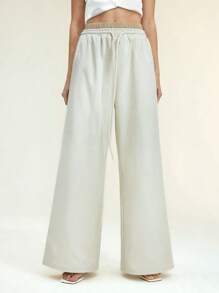 SHEIN Unity Women's Contrast Colorblock Drawstring Waist Wide Leg Trousers , Summer For Women, Sports Wear Fall For Women - Beige - View 5