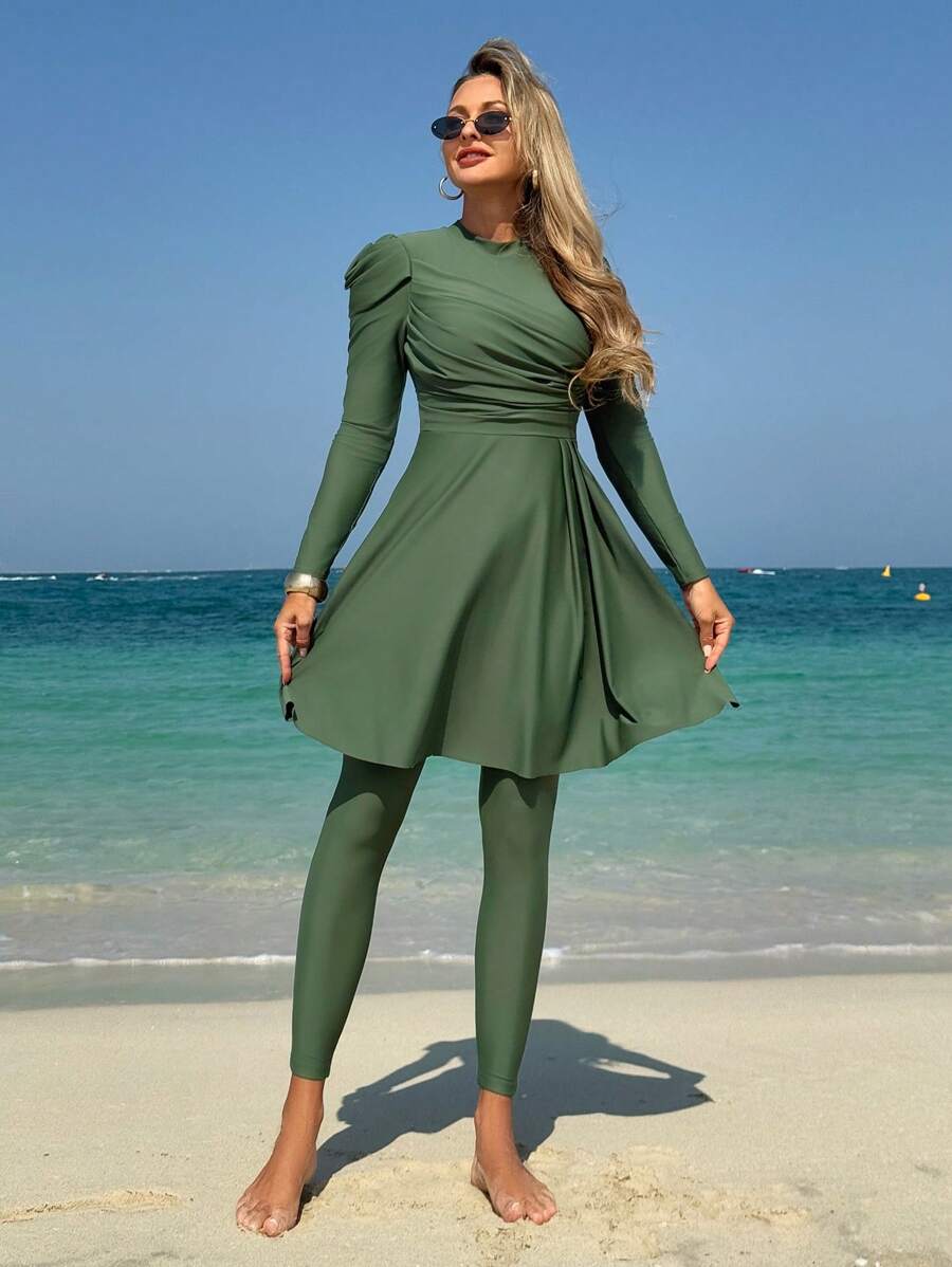 Swim Mulvari Women's Solid Color Loose Long Sleeve Top And Full Length Pants Burkini Swimsuit Set, Beach Vacation, SummerArabic Clothing - Dark Green - View 1