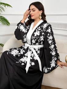 Veilorie Plus Floral Print Flounce Sleeve Belted Dress - Apricot - View 2