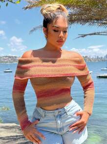 SHEIN SXY Colorful Yarn Off Shoulder Exposed Shoulder Sweater, Comfortable Casual Outerwear, Long Sleeve Cropped Knit Top, Spring & Autumn - Multicolor - View 2