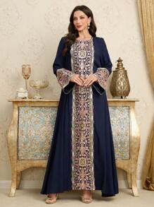 Al Najma Front Split-Sleeve Sequins Colorful Trim Big Hem Arabic Style Dress, Spring/Summer,Modest