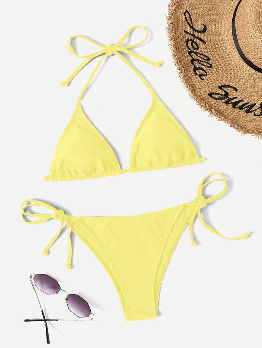 SHEIN Swim Simple Solid Color Bikini Set For Beach & Holiday For Summer Beach Vacation - Yellow - View 1