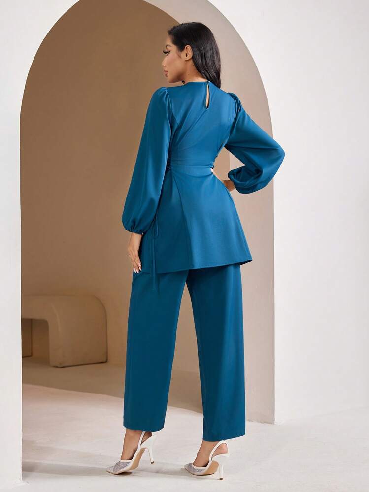 Veilorie Women Arabic Style Casual Outfit - Simple & Fashionable Top And Pants Set, Suitable For Daily Wear,Modest - Teal Blue - View 3