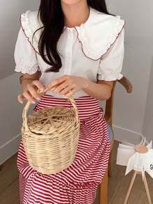 DAZY 女士 2 件荷叶边领短袖衬衫和粉色条纹长裙套装 - 紅色 - 查看 4