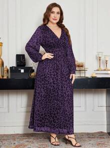 Modelyn Vestido elegante con estampado de leopardo, de tallas grandes, con escote cruzado, cintura asimétrica, mangas farol amplias y plisadas