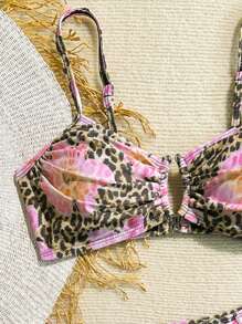 Soleia 2 件女士豹纹花卉印花褶皱 U 型钢圈比基尼套装，夏日海滩度假 - 彩色 - 查看 3