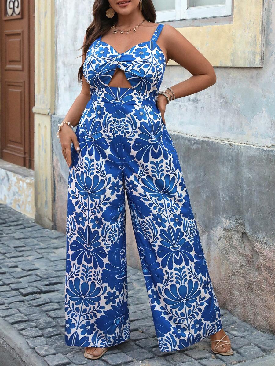SHEIN VCAY 加大码海军蓝花卉印花白色背景吊带背心扭纹前连体裤 - 藍白色 - 查看 1