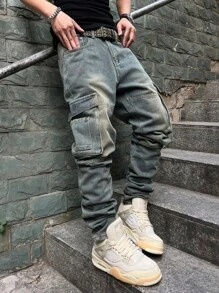 Manfinity EMRG Men's Washed & Distressed Denim Cargo Pants Going Out Hang Out Party Street Work - Light Wash - View 3