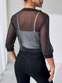 SHEIN Clasi Elegant Women's Silver Thread Black Casual Lightweight Top, Versatile For Daily Wear, Spring/Summer