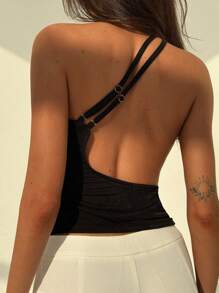 Aloruh Blusa asimétrica sexy con escote en V profundo y espalda descubierta, ajustada para mujeres