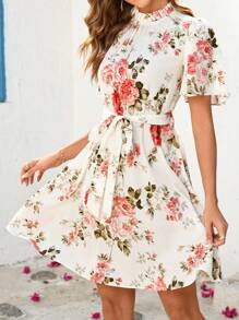 Ellevyn Women's Elegant Ruffle Collar Short Sleeve Cinched Waist Waist Floral Print A-Line Mini Dress - Multicolor - View 5