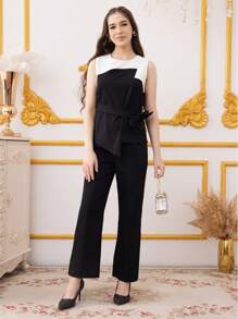 SHEIN 2 sztuki/zestaw dla nastoletniej dziewczyny, bez rękawów, kontrastowy kolor, ściągany top i długie spodnie - Czarne - Zobacz 5