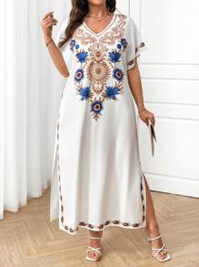 EMERY ROSE Plus Size Elegant Floral Print Side Slit Dress, Summer  رمضان Vestidos جلابيات جلابيات رمضان Vestidos Casuales Para Mujer فساتين العيد  رمضان Vestidos جلابيات جلابيات رمضان Vestidos Casuales Para Mujer فساتين العيد - White - View 3