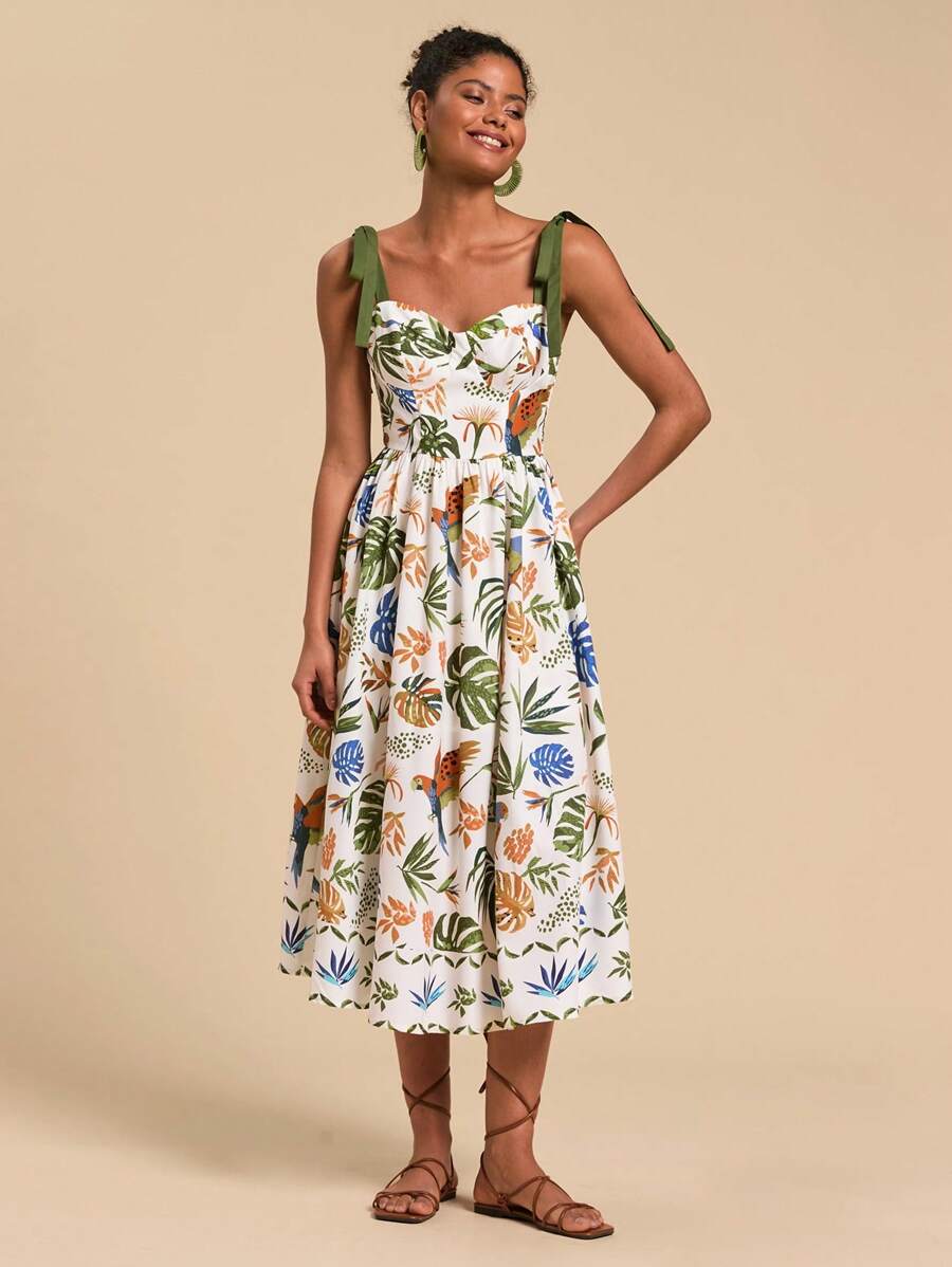 Travachic Đầm midi hở vai họa tiết cây dừa nhiệt đới cho nữ - Nhiều màu - Xem 1