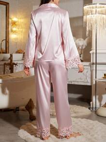 LuxeNights 2件套女士蕾丝边睡衣套装，秋冬舒适优雅细节 - 粉色 - 查看 2