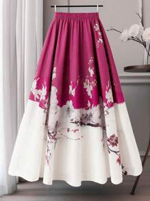 SHEIN Clasi Váy chữ A dài đến đầu gối họa tiết hoa nhỏ nhắn phong cách Trung Hoa cỡ lớn cho nữ - Màu Hồng Tươi - Xem 2