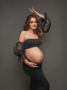 SHEIN Solid Color Maternity Mermaid Maxi Dress For Pregnancy Photoshoot - Black - View 4