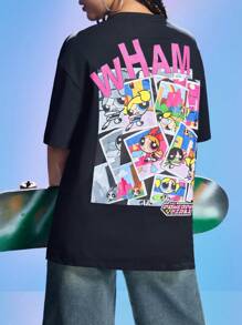 THE POWERPUFF GIRLS X SHEIN Women's Casual Blossom, Bubbles, Buttercup Pattern Short Sleeve Black Oversized T-Shirt, Summer/Spring - Black - View 6