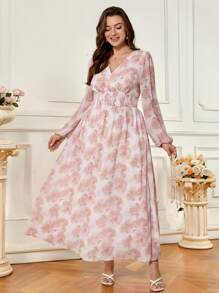 SHEIN Frenchy Vestido elegante de mujer de manga farol larga con estampado floral, vestido elegante de mujer para primavera de talla grande