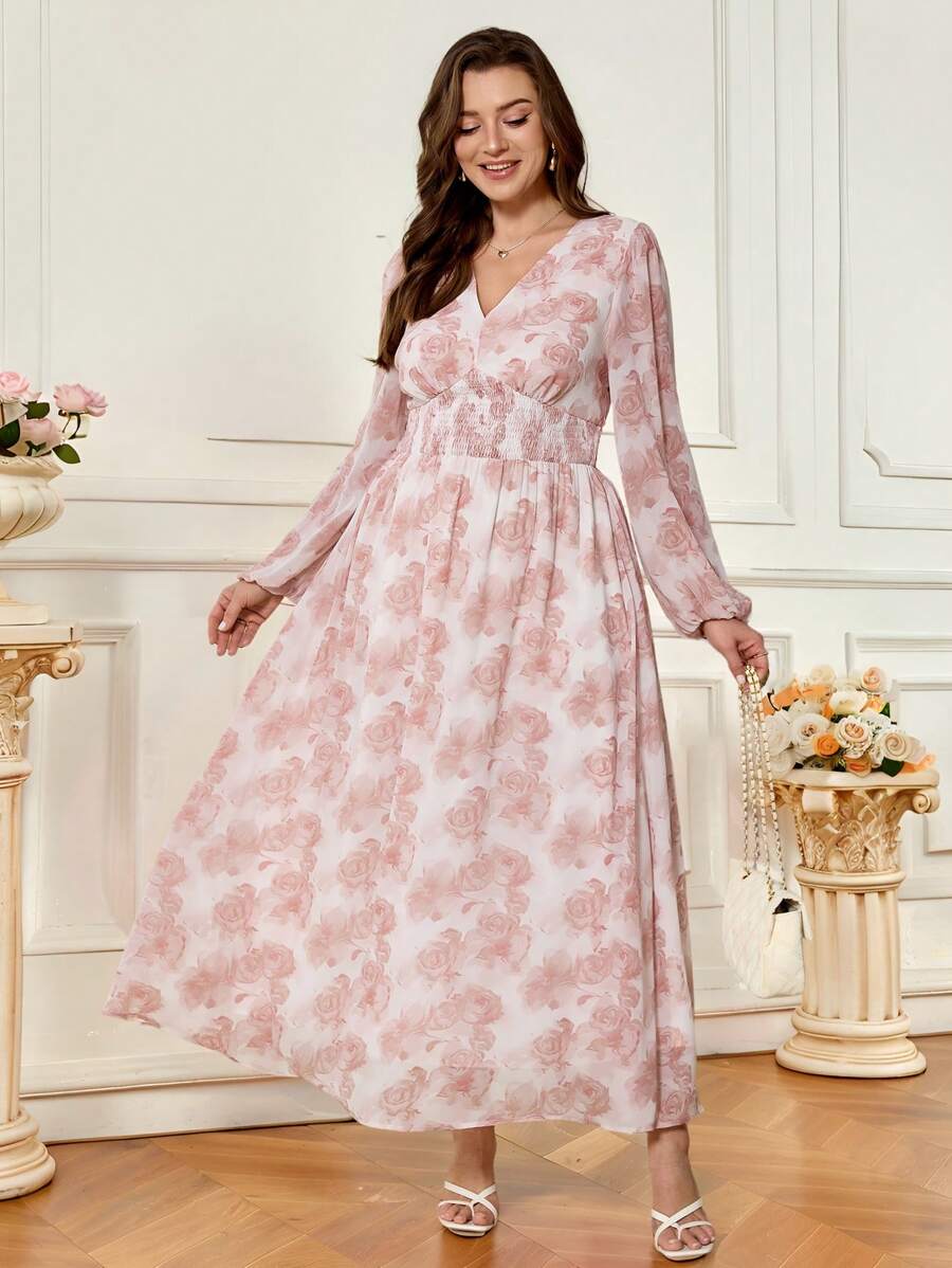 SHEIN Frenchy Vestido elegante de mujer de manga farol larga con estampado floral, vestido elegante de mujer para primavera de talla grande