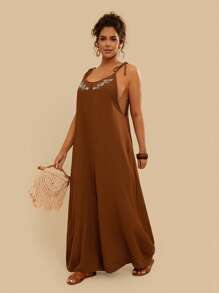 Travachic Plus Size Vintage Embroidered Tie Waist Long Jumpsuit With Pockets, Casual Holiday Style For Women, Spring/Summer - Brown - View 1