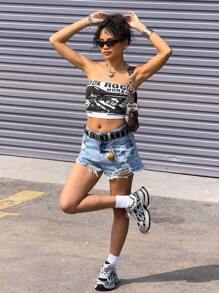 SHEIN Girlism Teen Girls 2025 New Y2K Blue Denim Ripped Shorts,Kid Girls Spring And Summer Casual Vacation Country Boho Wear, Beach Outfits For Kid Girls,Western Street Wear For Girl,Spring Break Outfits,Rave Outfits Festival Denim Shorts