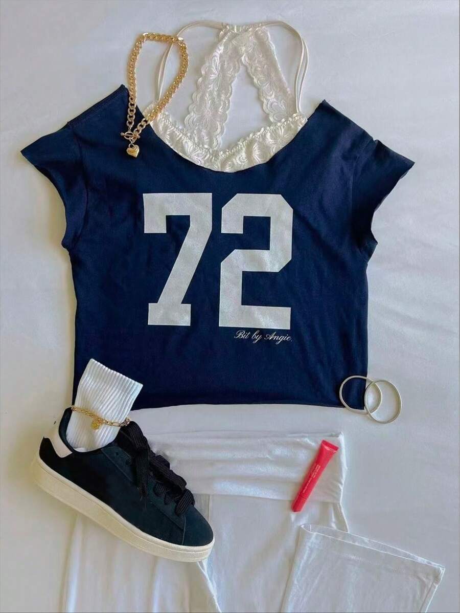 SHEIN EZwear Camiseta corta con gráfico de letras - Azul Marino - Ver 1