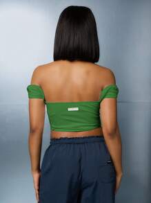 SUMWON WOMEN Lässiges Sport-Fan-Trikot-Stil Bardot Carmen-Ausschnitt Korsett Crop Top mit Nummern, Cheerleader-Spirit-Festival-Outfit