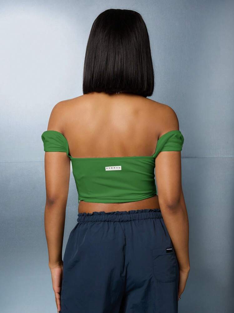 SUMWON WOMEN Áo thun thể thao thường ngày phong cách Bardot hở vai có họa tiết chữ số, trang phục lễ hội tinh thần cổ vũ của đội Bardot - màu xanh lá - Xem 2