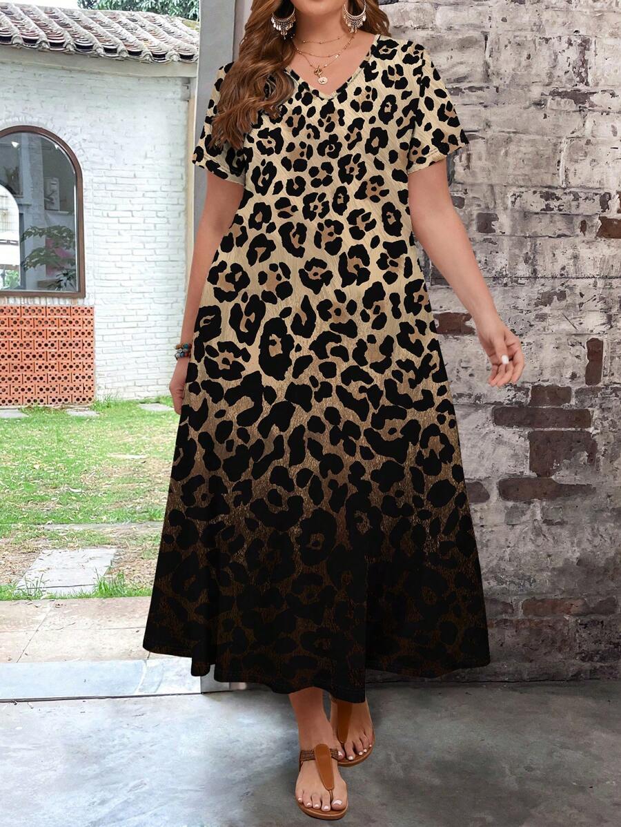 EMERY ROSE Women's Plus Size Casual Simple V-Neck Short-Sleeved Long Dress Suitable For Summer,Spring Break Outfits Suitable For Going Out Leopard Print Chic Dress - Multicolor - View 1