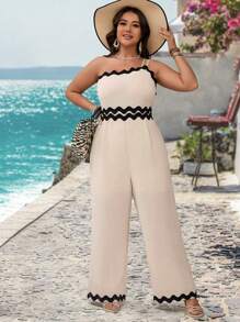 SHEIN VCAY Bộ đồ liền thân ống rộng cạp trễ màu đen viền bèo nhún cỡ lớn lãng mạn, thích hợp cho ngày lễ tình nhân, trang phục mùa hè cho phụ nữ, bãi biển, quần áo mùa hè cho phụ nữ, trang phục ngày lễ thánh Patrick, trang phục mùa xuân cho phụ nữ, trang phục cho khách dự tiệc cưới, lãng mạn - Màu be - Xem 6