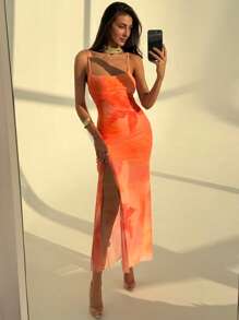 Aloruh Orange Floral Mesh Maxi Slit Bodycon Slip Dress For Women - Burnt Orange - View 6
