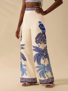 CAJUNI Bird & Palm Print Wide Leg Pants - Multicolor - View 1