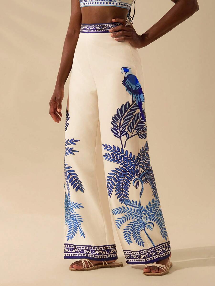 CAJUNI Bird & Palm Print Wide Leg Pants - Multicolor - View 1