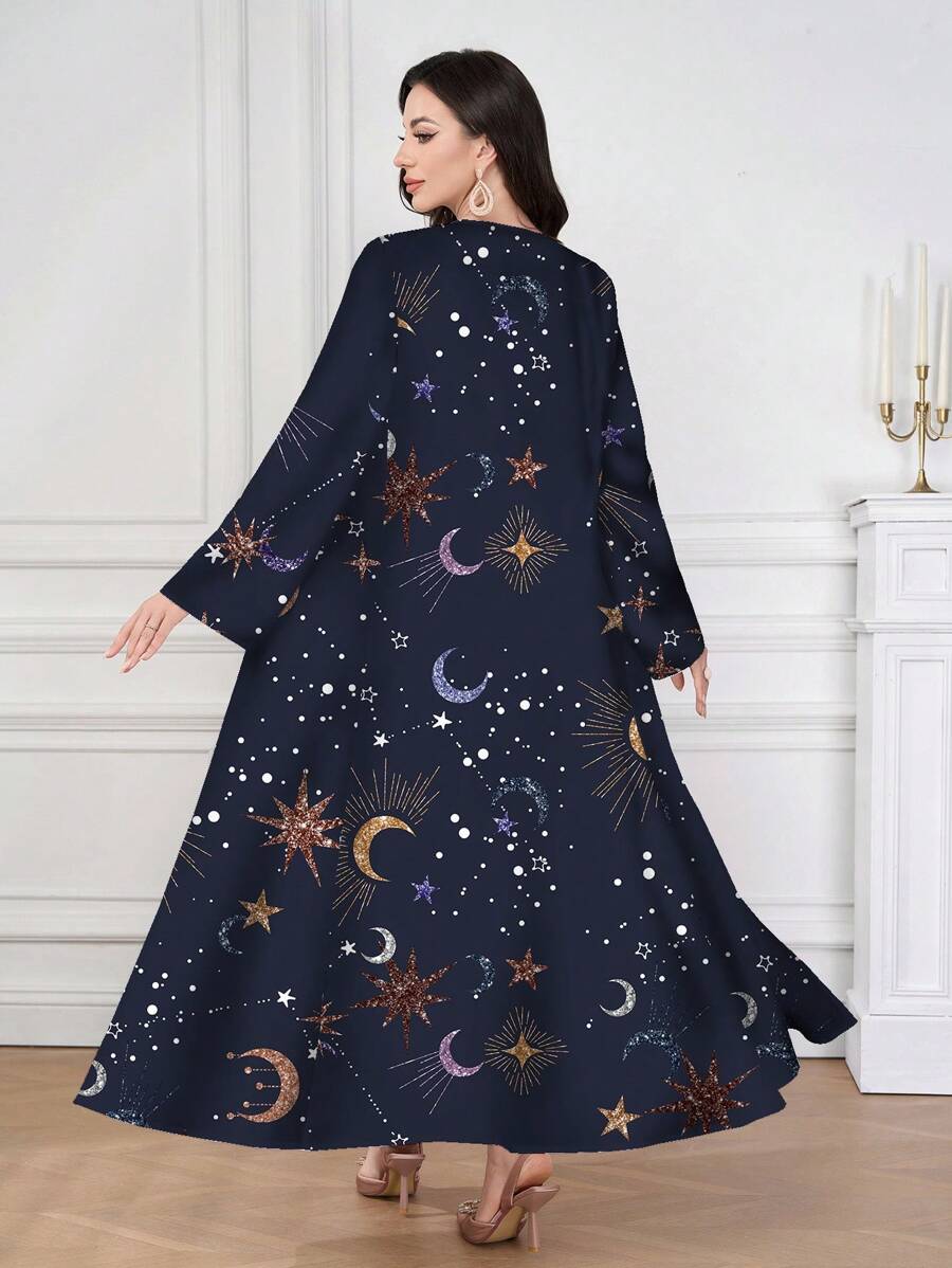 Al Najma Elegant Sun Moon Star Print Long Arabian Abaya Robe,Modest ...
