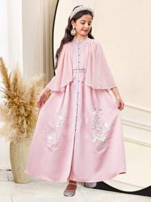 Vestido largo de satén con cinta de lurex adornada y bordado para niña preadolescente, cuello redondo, botones abiertos, cinta de seda dorada y plateada adornada, bordado decorativo estilo chal, día de San Valentín, niña preadolescente, vestido de niña de las flores, Ramadán, Eid Al-Adha, vestido rosa - Rosa - Ver 4