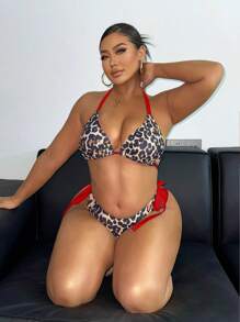 Swim SXY 经典豹纹大码女式性感挂脖比基尼套装 - 紅色 - 查看 1