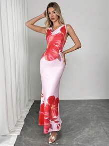 Chiquease Vestido con cuello drapeado y estampado floral