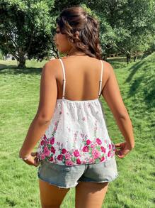 Celure Plus Size Women's Deep V-Neck Front Tie Bow Fungus Edge Printing Hollow Texture Fabric Romantic Vacation Spring And Summer Suspenders - White - View 2