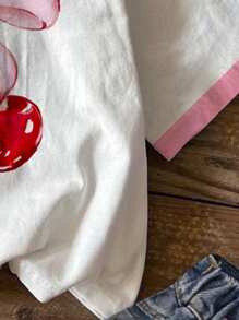 SHEIN Cute And Sweet Bow Cherry Print, Pink, Tween Girl Casual Simple Short-Sleeved Round Neck T-Shirt Suitable For Summer