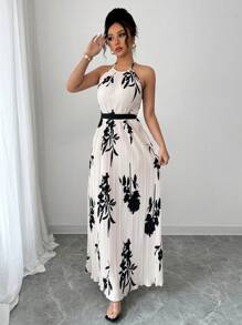 Chiquease Women's Resort Casual Halter Neck Floral Print Dress - Apricot - View 1