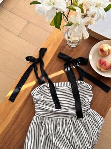 DAZY Vestido casual de verano con tirantes anudables, a media pierna, de estilo rayado para mujer